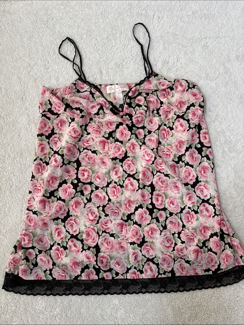 Oscar de la Renta Pink Rose-Print Lace-Camisole
